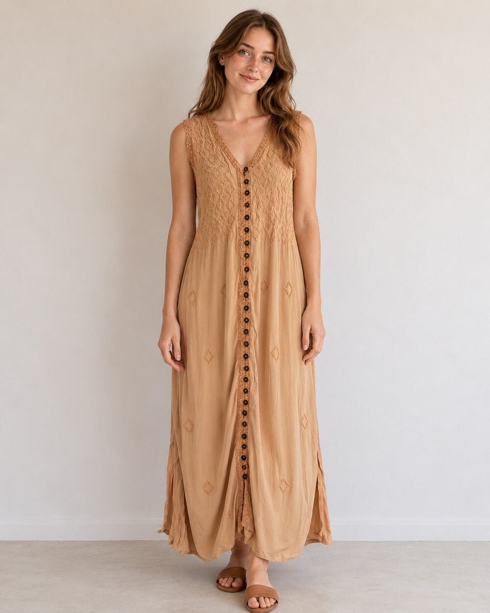 Soft Surroundings Sleeveless Maxi Dress Petite Earthy Peasant Boho Embroidered